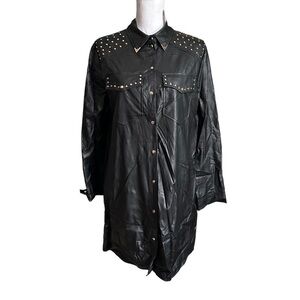 Zara Black Faux Leather Long Sleeve Button Down Dress Shirt Jacket Size …